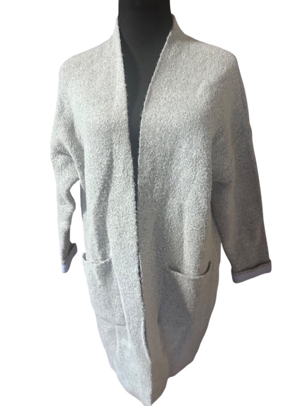 Cache gray and light blue open front cardigan sweater size M